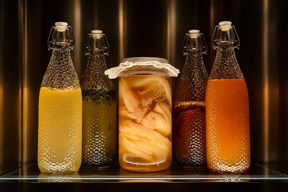 Botellas y tarro con fermentados y encurtidos elaborados en GOEN