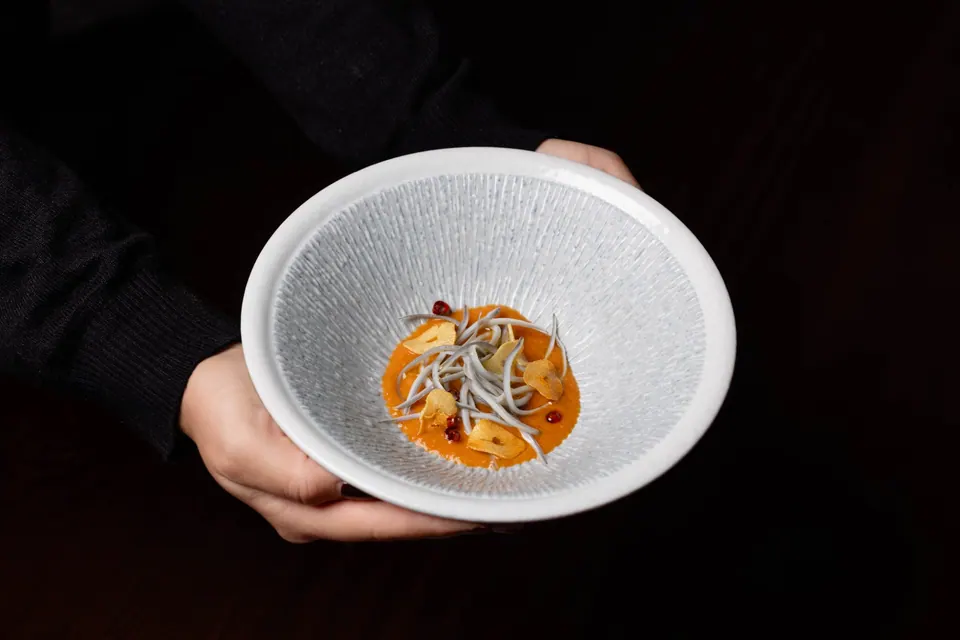 Cuenco con angulas servidas sobre salsa naranja en La Lonja del Mar