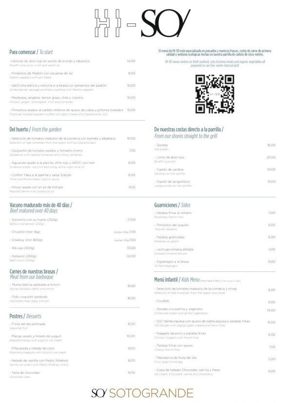 Carta del Restaurante HI-SO